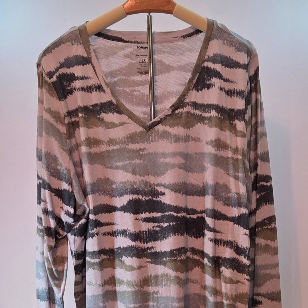 Sonoma Goods for Life Everyday 100% Cotton Tee, Women's 2X, Olive Green/Lt Beige